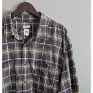 Gap Mens XXL 2XL Green Brown Plaid Flannel Shirt Untucked Fit Long Sleeve
